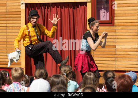 Traveling pantomime company called `Tarkabarka` show in Sopron, Hungary on May 27th 2017. Expressions: tricky and rejective Stock Photo